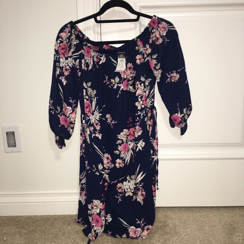 Navy Floral Off the Shoulder Dress